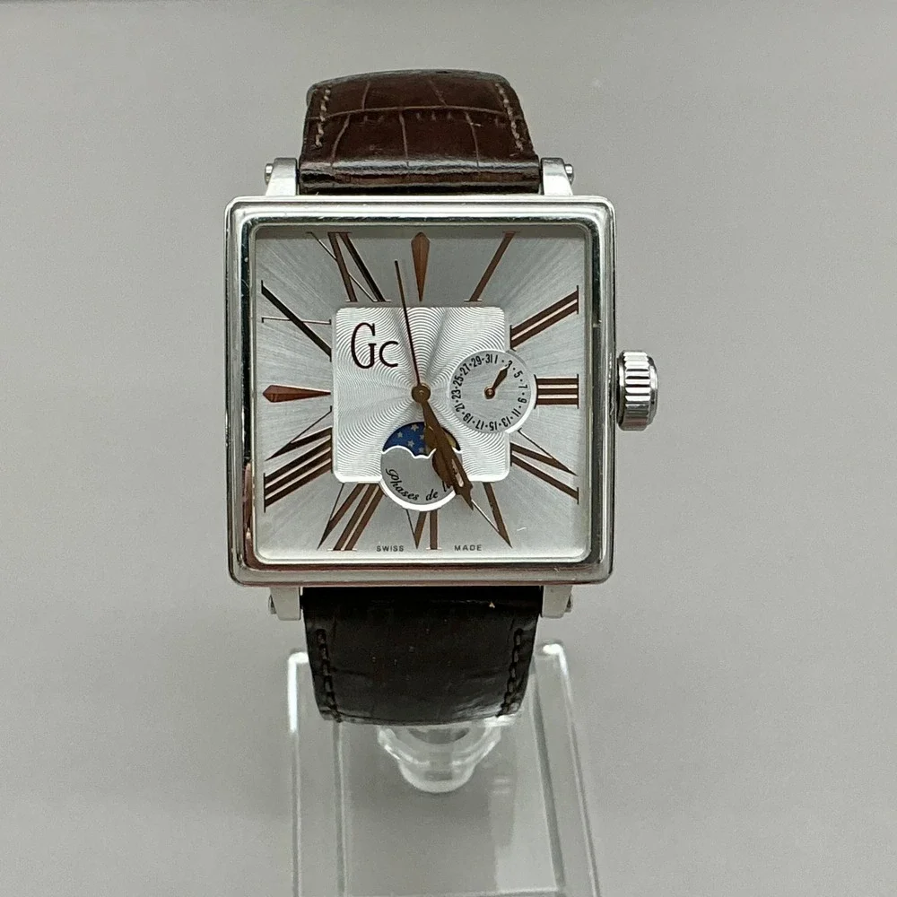 GC Watch Men's GC34000 Swiss Moon Phase Square Brown Leather NEW BATTERY 38mm